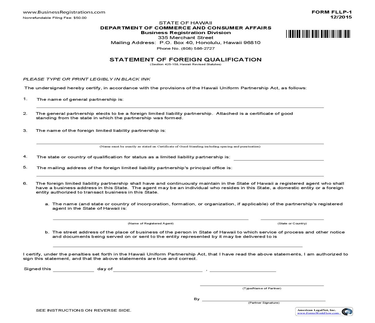 Statement Of Foreign Qualification (Application For Registration Of Foreign LLP) {FLLP-1} | Pdf Fpdf Doc Docx | Hawaii
