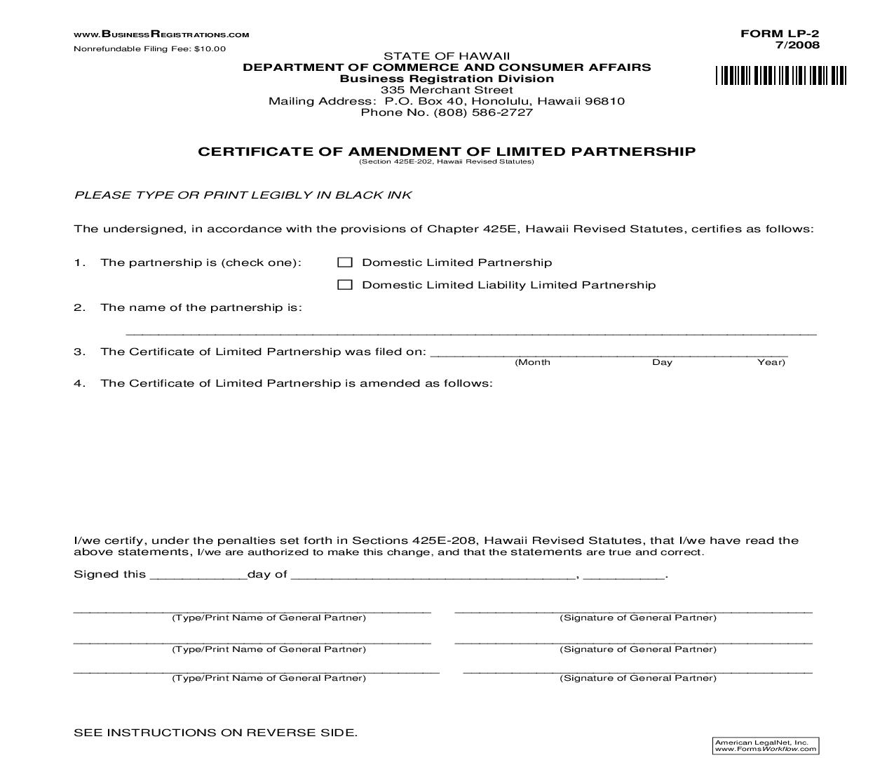 Certificate Of Amendment Of Limited Partnership {LP-2} | Pdf Fpdf Doc Docx | Hawaii