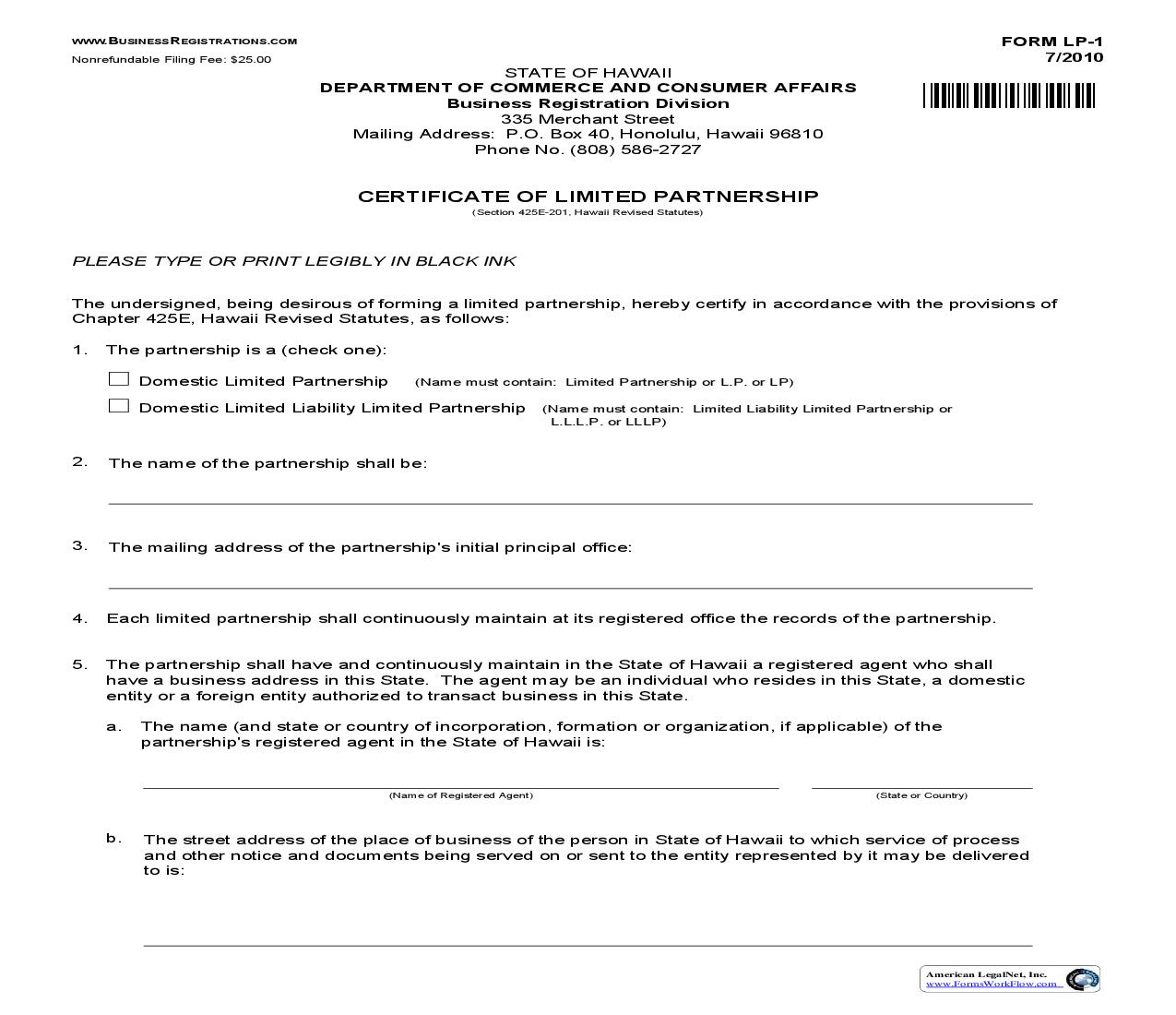Certificate Of Limited Partnership {LP-1} | Pdf Fpdf Doc Docx | Hawaii