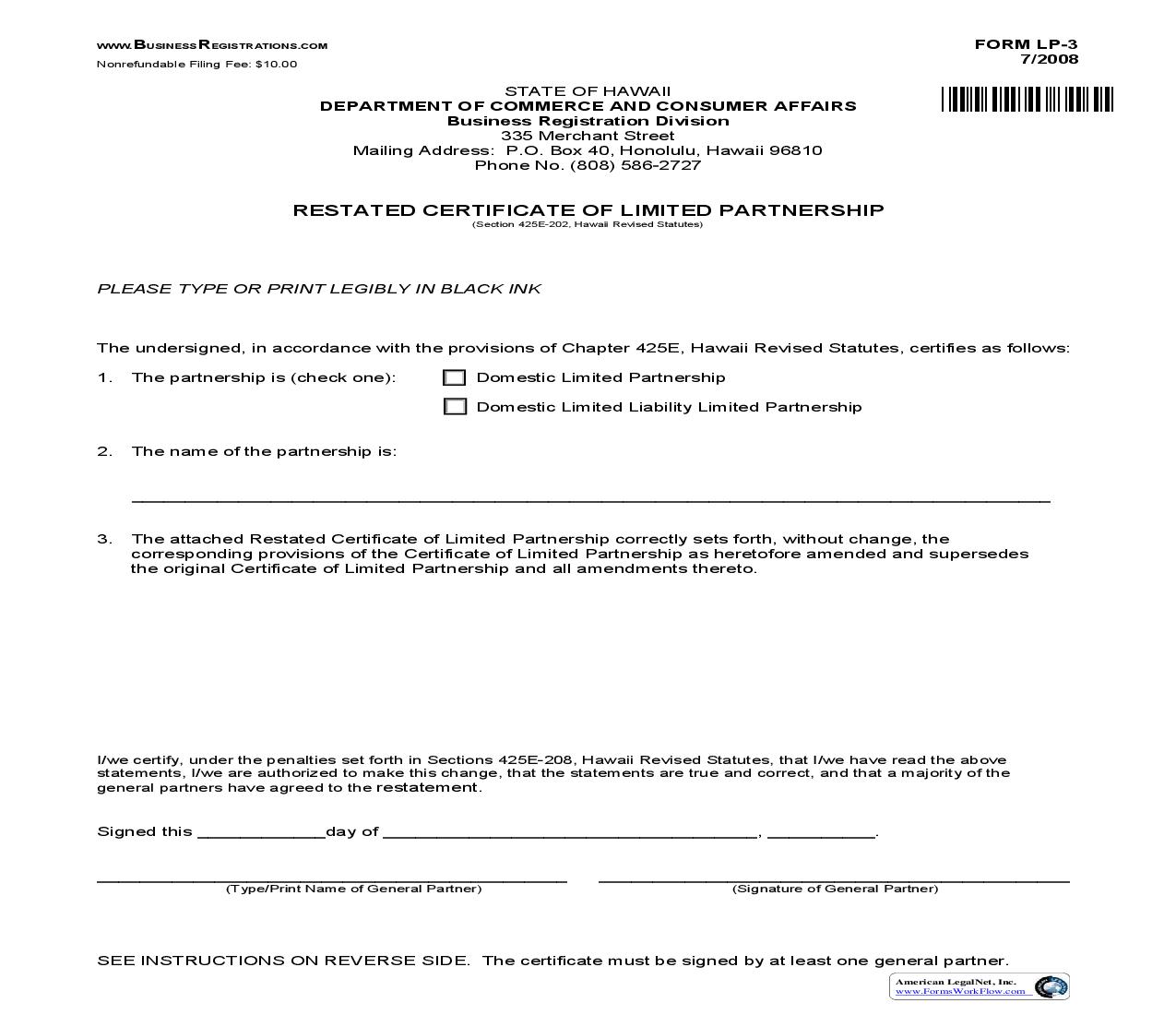 Restated Certificate Of Limited Partnership {LP-3} | Pdf Fpdf Doc Docx | Hawaii