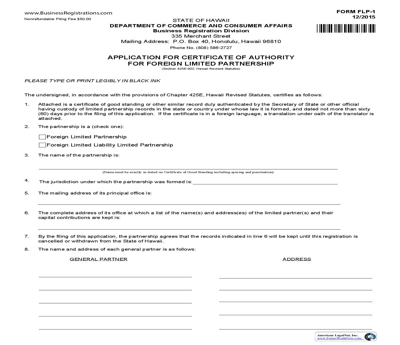 Application For Certificate Of Authority For Foreign Limited Partnership {FLP-1} | Pdf Fpdf Doc Docx | Hawaii