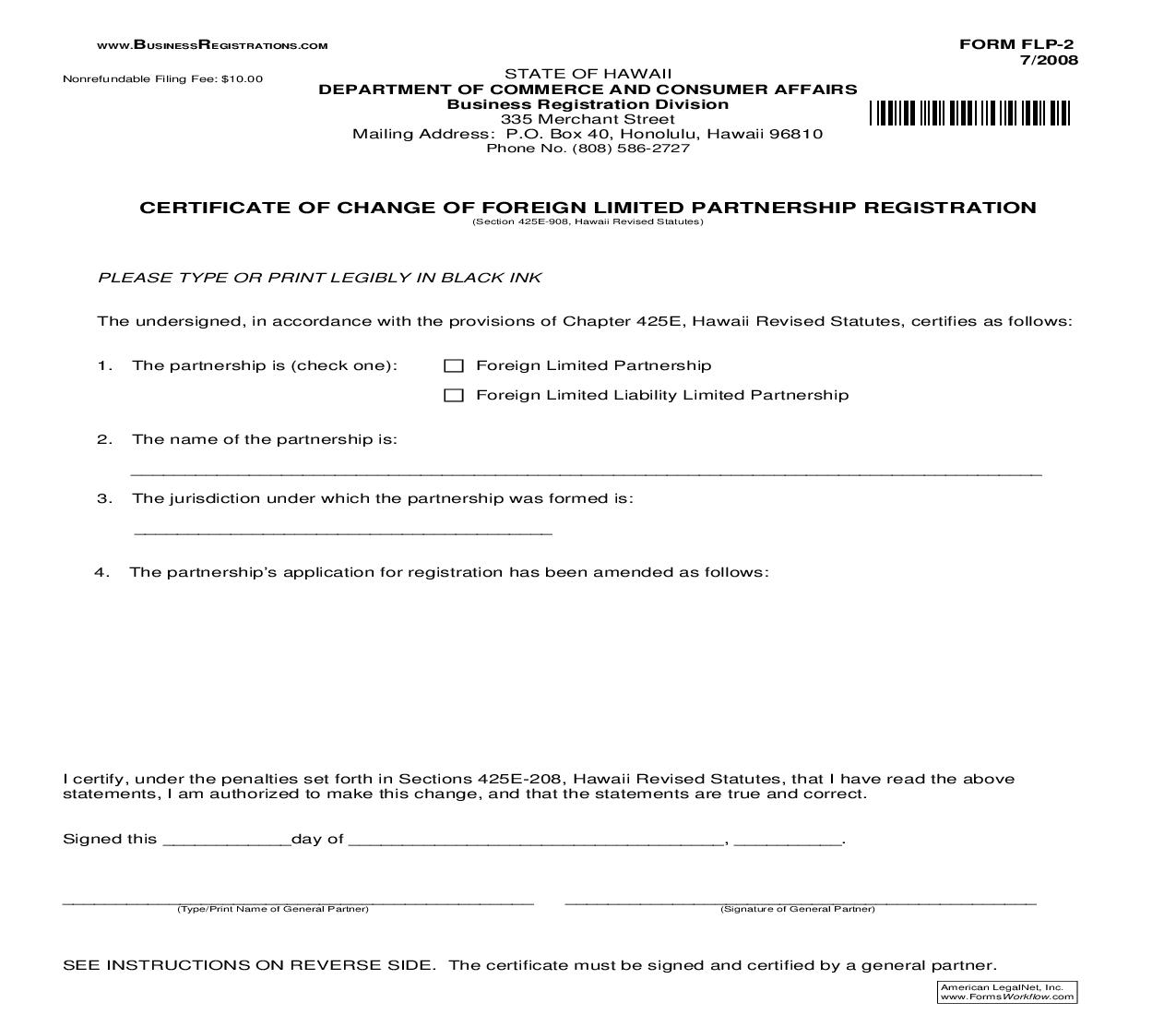 Certificate Of Change Of Foreign Limited Partnership Registration {FLP-2} | Pdf Fpdf Doc Docx | Hawaii