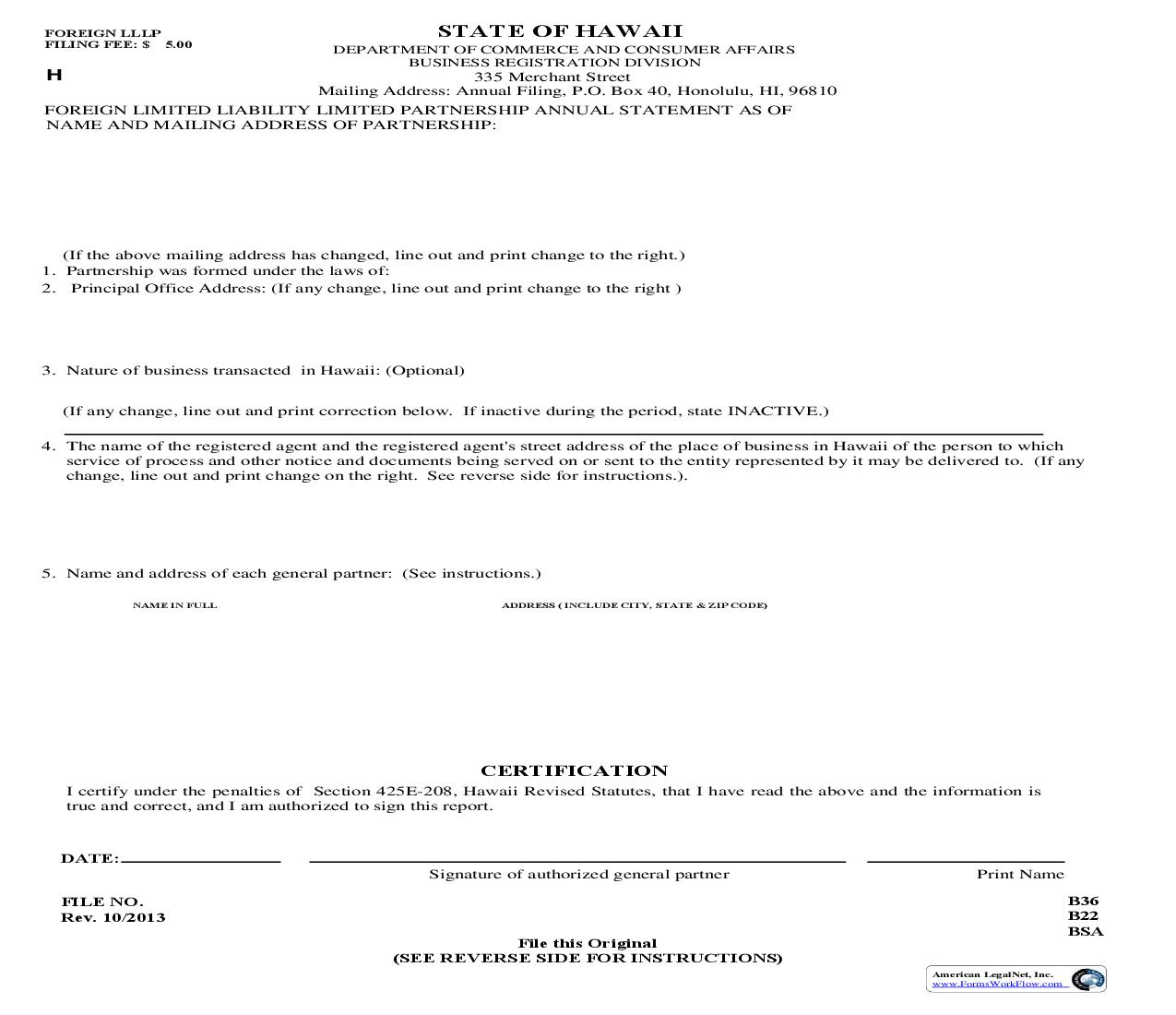 Foreign Limited Liability Limited Partnership Annual Statement {Q-6} | Pdf Fpdf Doc Docx | Hawaii