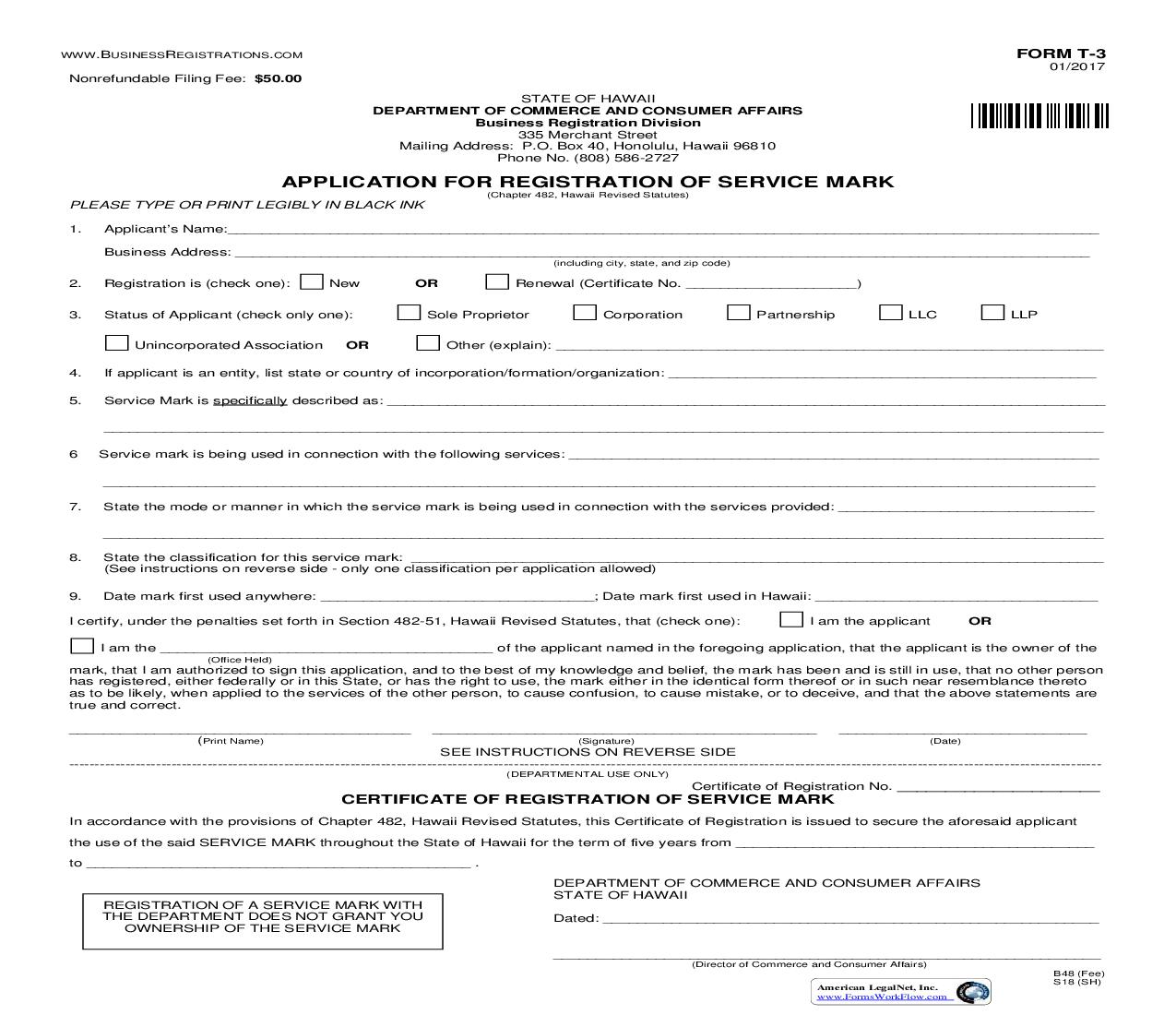 Application For Registration Of Service Mark {T-3} | Pdf Fpdf Doc Docx | Hawaii