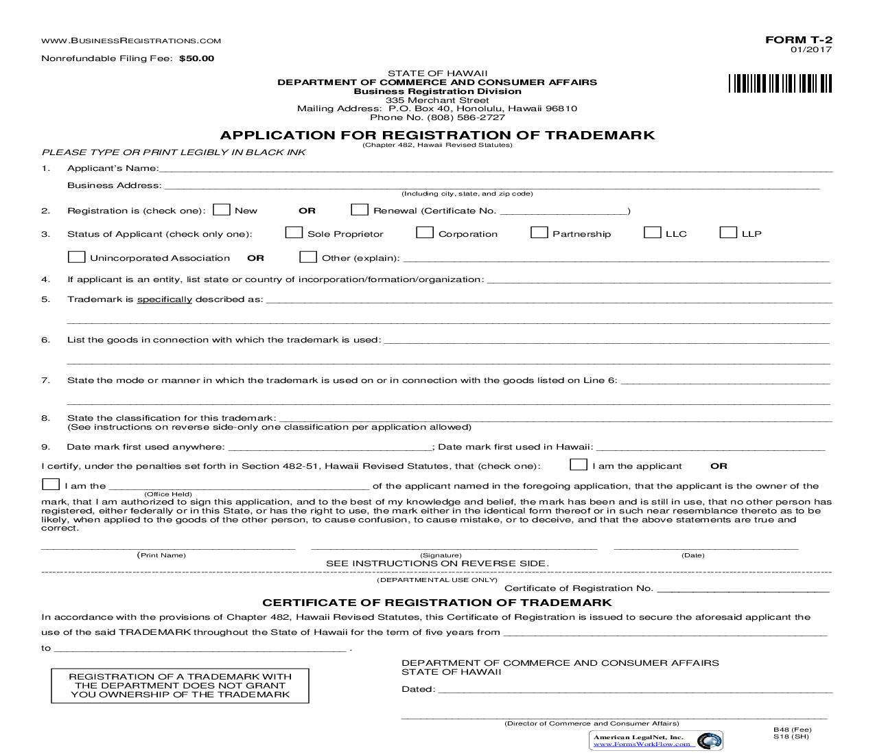Application For Registration Of Trade Mark {T-2} | Pdf Fpdf Doc Docx | Hawaii
