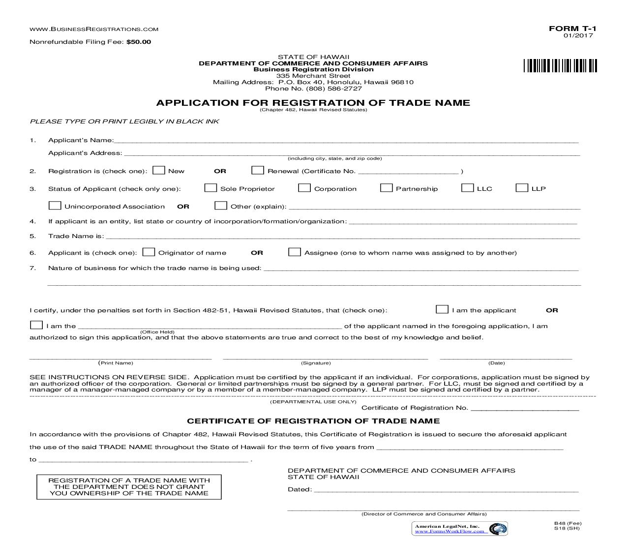 Application For Registration Of Trade Name {T-1} | Pdf Fpdf Doc Docx | Hawaii