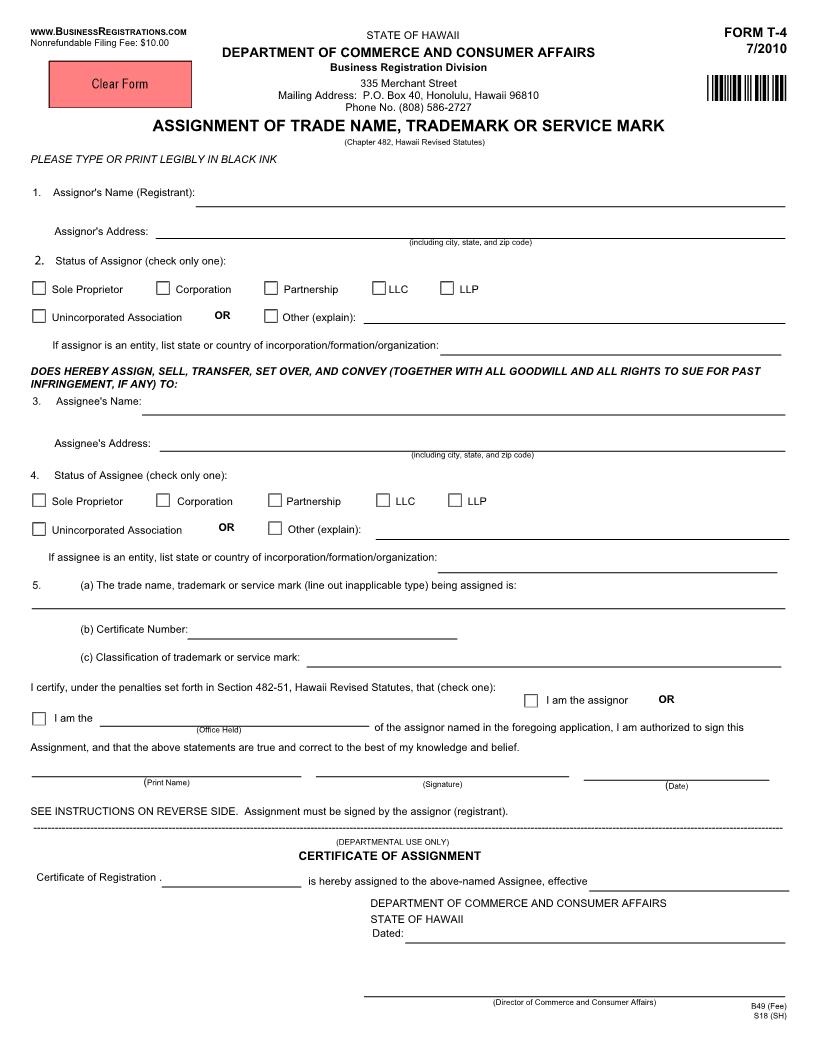 Assignment Of Trade Name Trademark Or Service Mark {T-4} | Pdf Fpdf Docx | Hawaii