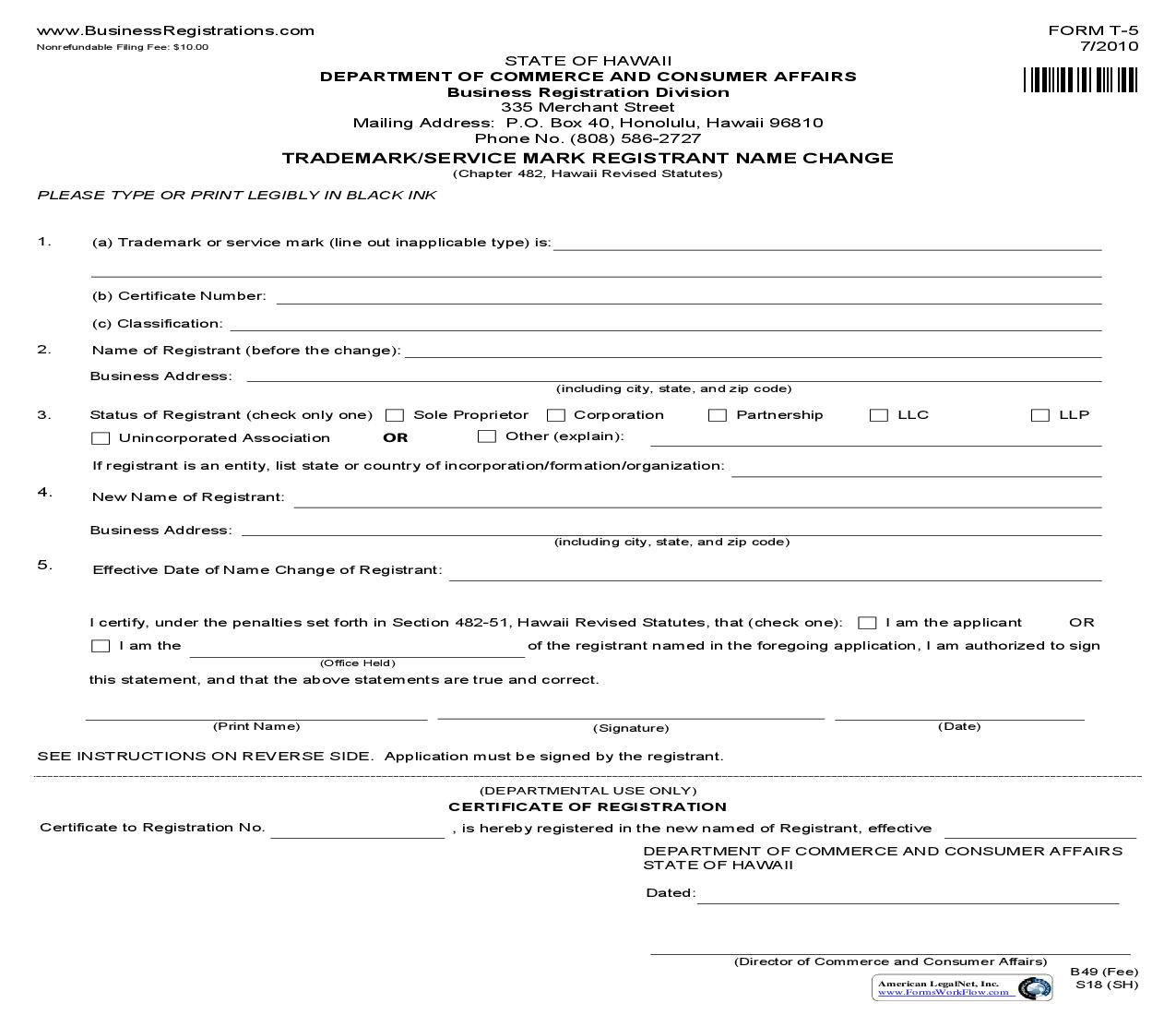 Trade Mark Or Service Mark Registrant Name Change {T-5} | Pdf Fpdf Doc Docx | Hawaii