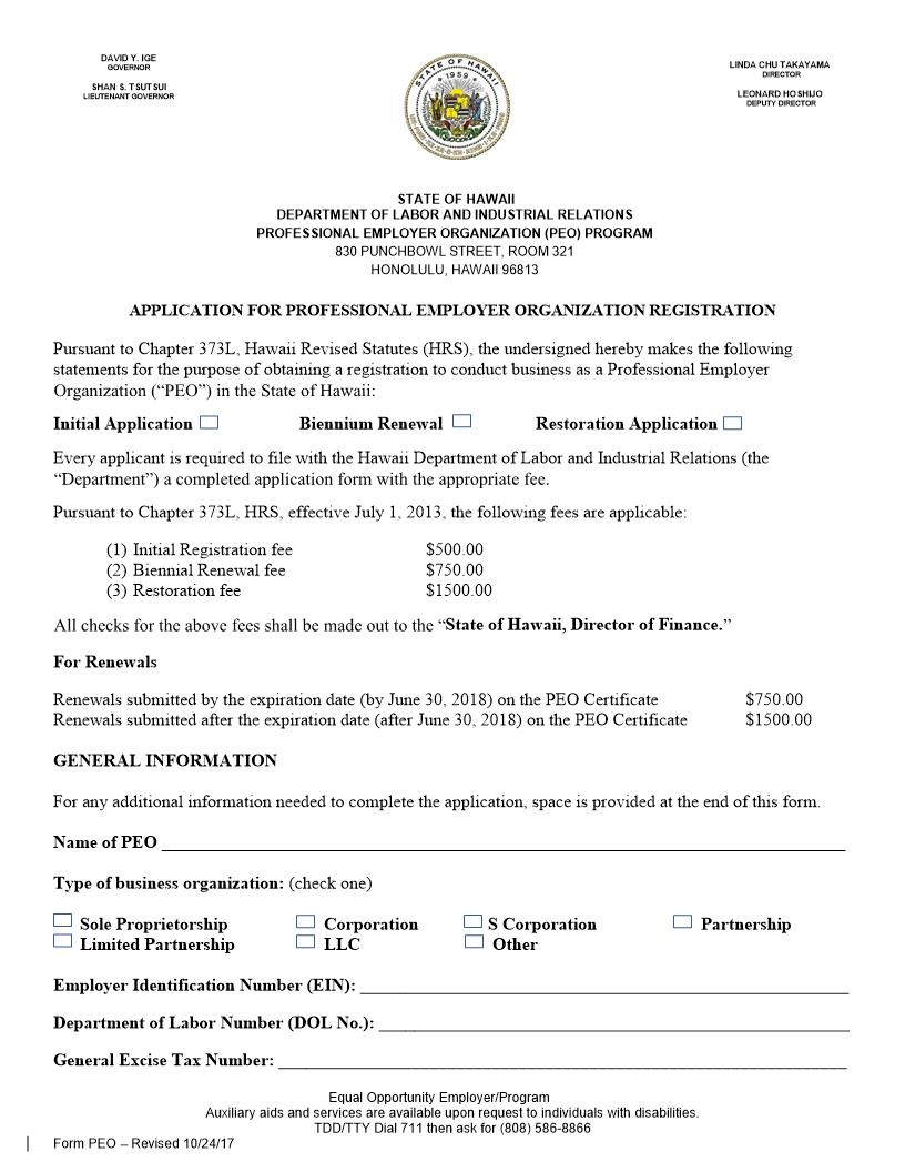 Application For Professional Employer Organization Registration {PEO} | Pdf Fpdf Doc Docx | Hawaii