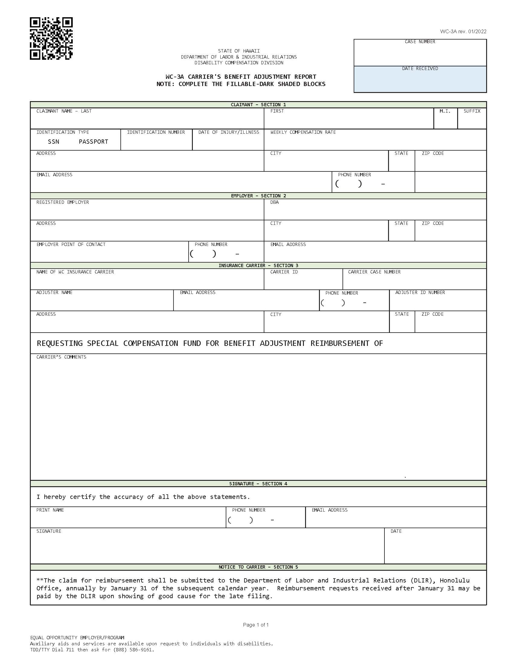 Carriers Benefit Adjustment Report {WC-3A} | Pdf Fpdf Docx | Hawaii