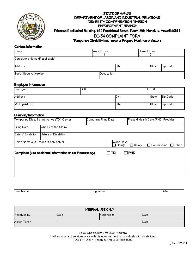 Complaint Form {DC-54} | Pdf Fpdf Docx | Hawaii