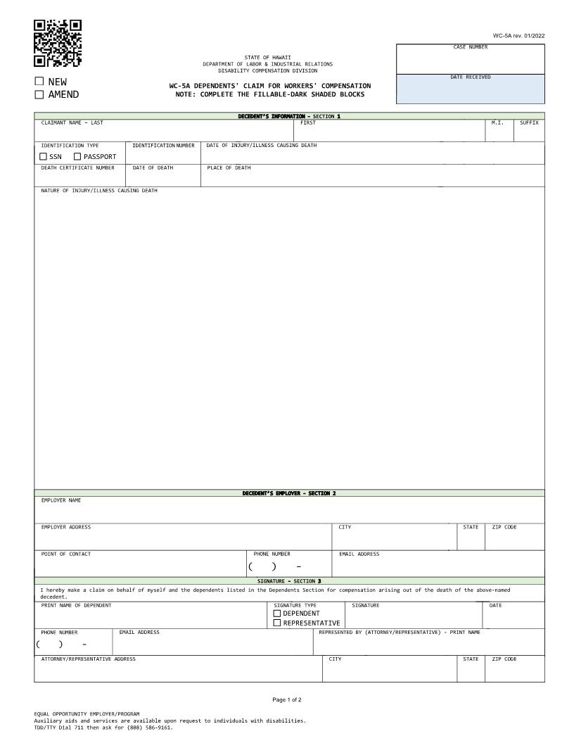 Dependants Claim For Workers Compensation {WC-5A} | Pdf Fpdf Docx | Hawaii