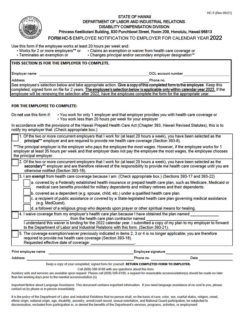 Employee Notification To Employer For Calendar Year 2022 {HC-5} | Pdf Fpdf Docx | Hawaii