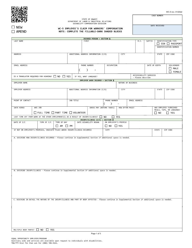 Employees Claim For Workers Compensation Benefits {WC-5} | Pdf Fpdf Doc Docx | Hawaii