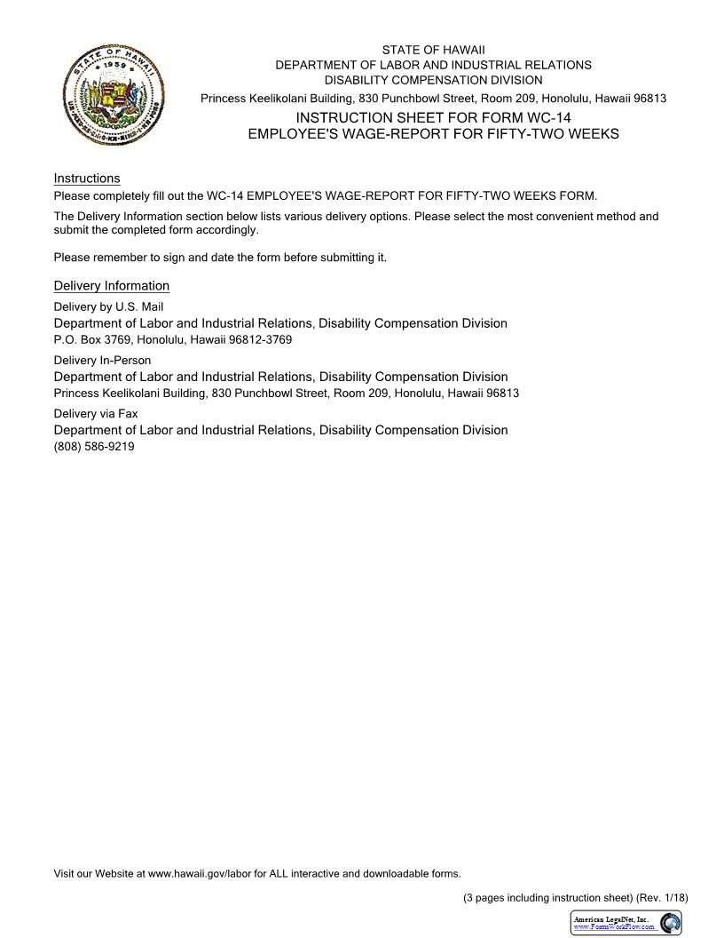 Employees Wage Report For Fifty Two Weeks {WC-14} | Pdf Fpdf Docx | Hawaii