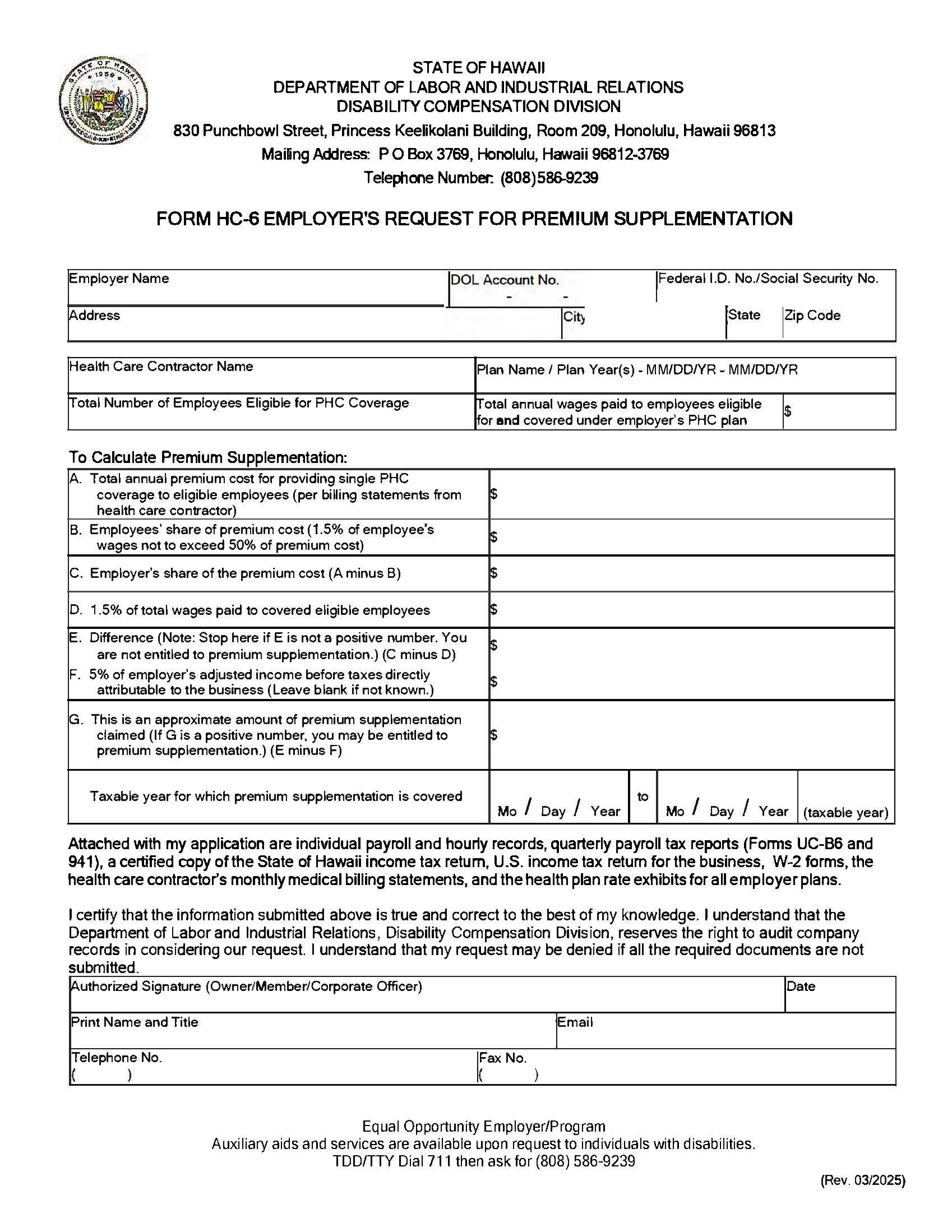 Employers Request For Premium Supplementation {HC-6} | Pdf Fpdf Docx | Hawaii