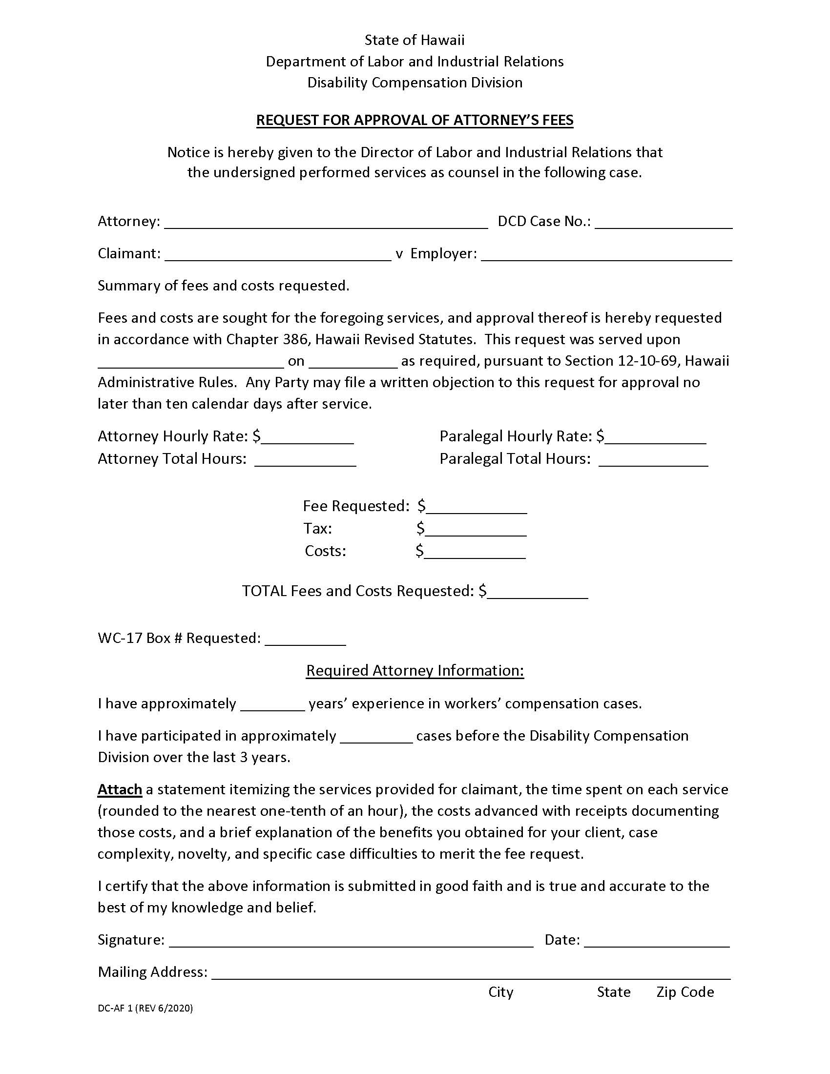 Request For Approval Of Attorneys Fees {DC-AF 1} | Pdf Fpdf Docx | Hawaii