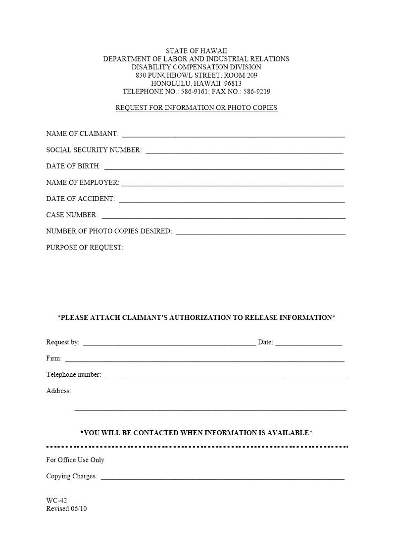 Request For Information Or Photo Copies {WC-42} | Pdf Fpdf Docx | Hawaii