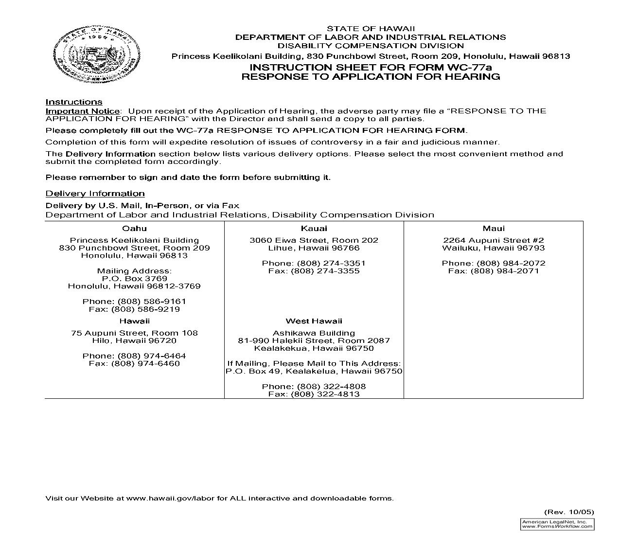 Response To Application For Hearing {WC-77A} | Pdf Fpdf Doc Docx | Hawaii