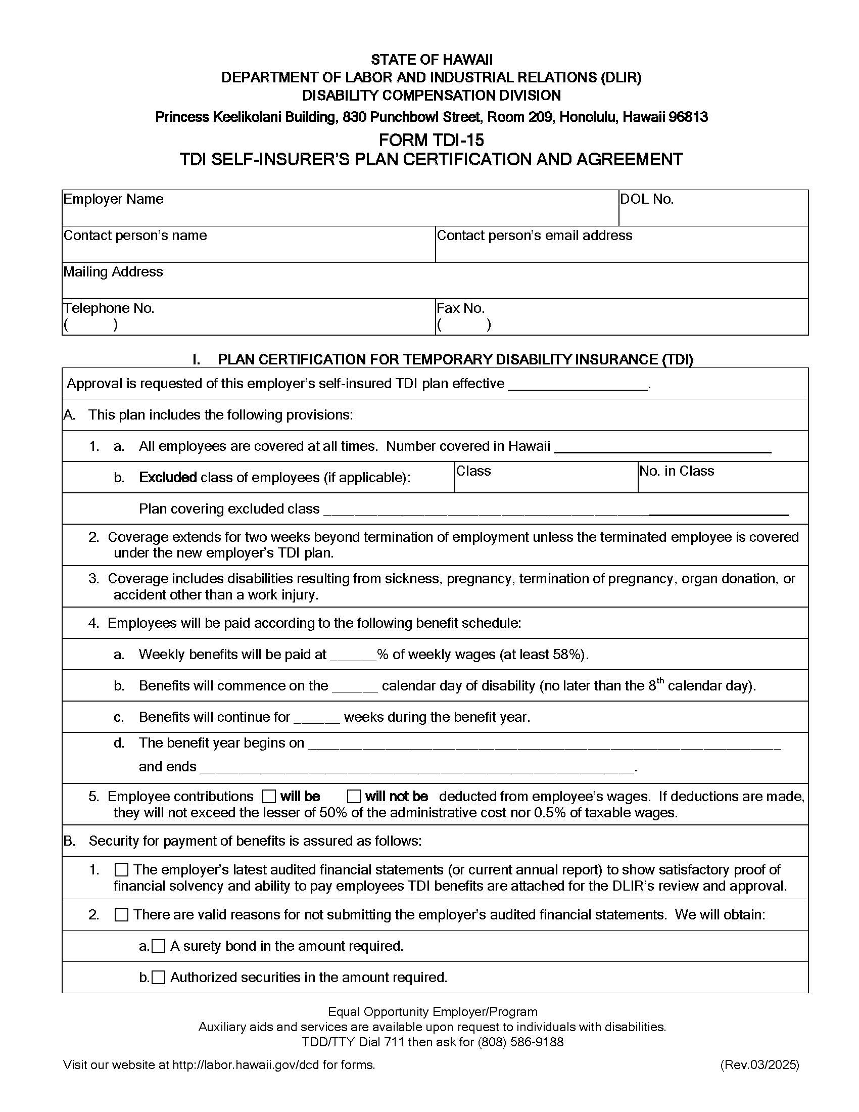 TDI Self-Insurers Plan Certification And Agreement {TDI-15} | Pdf Fpdf Docx | Hawaii