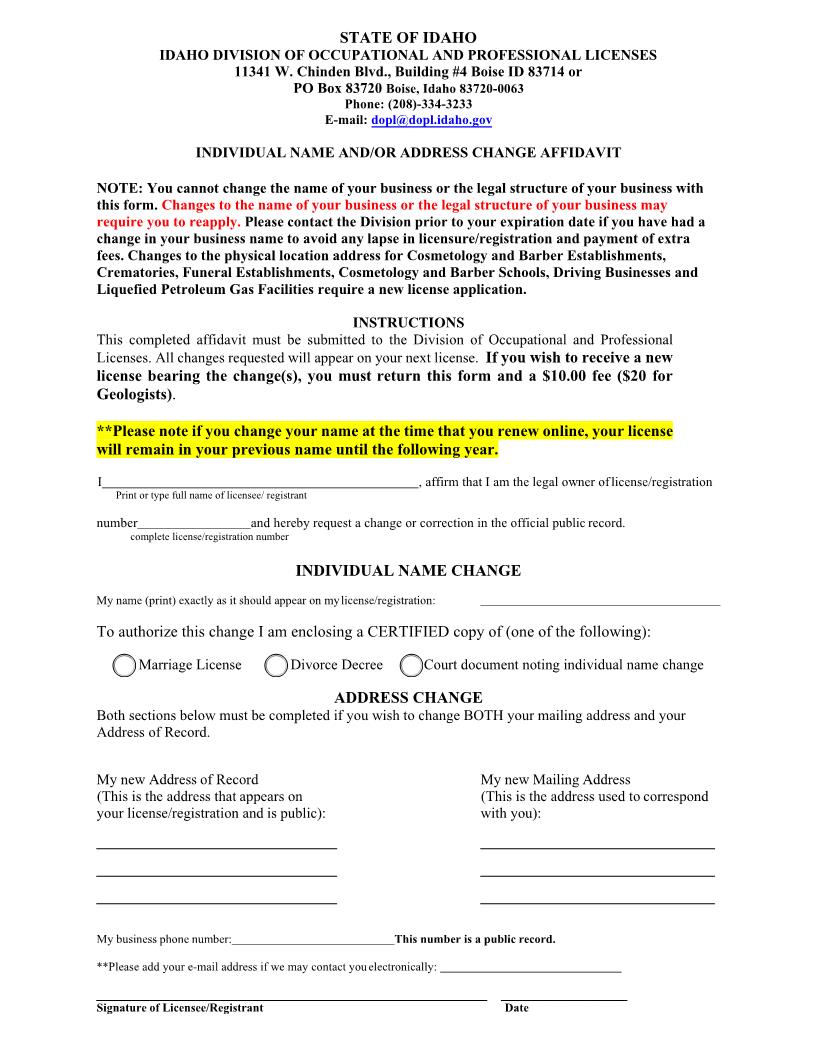 Name And Address Change Affidavit | Pdf Fpdf Docx | Idaho