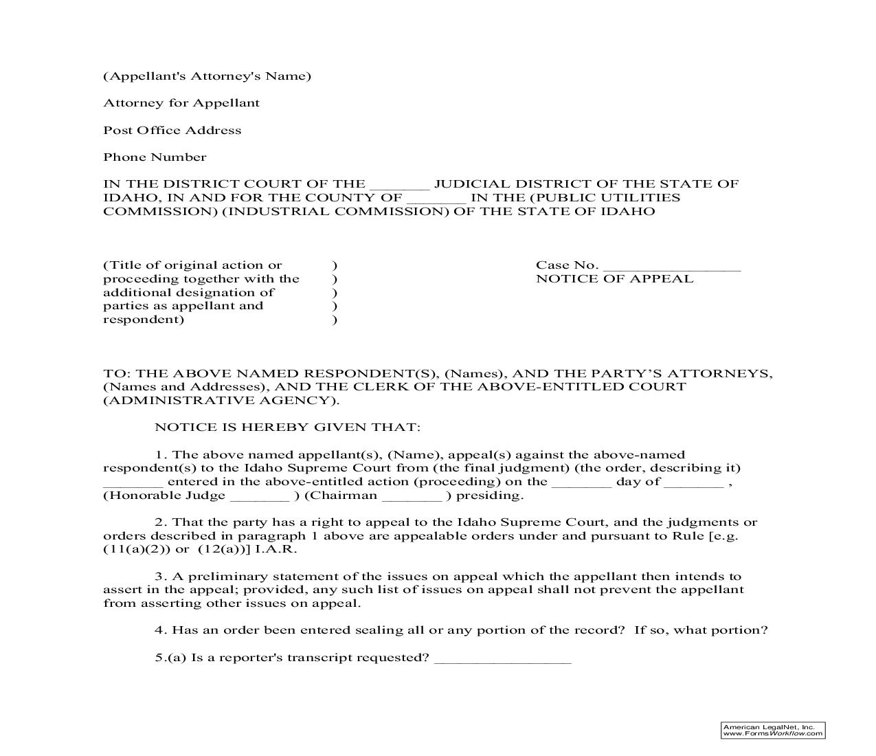 Notice Of Appeal | Pdf Fpdf Doc Docx | Idaho