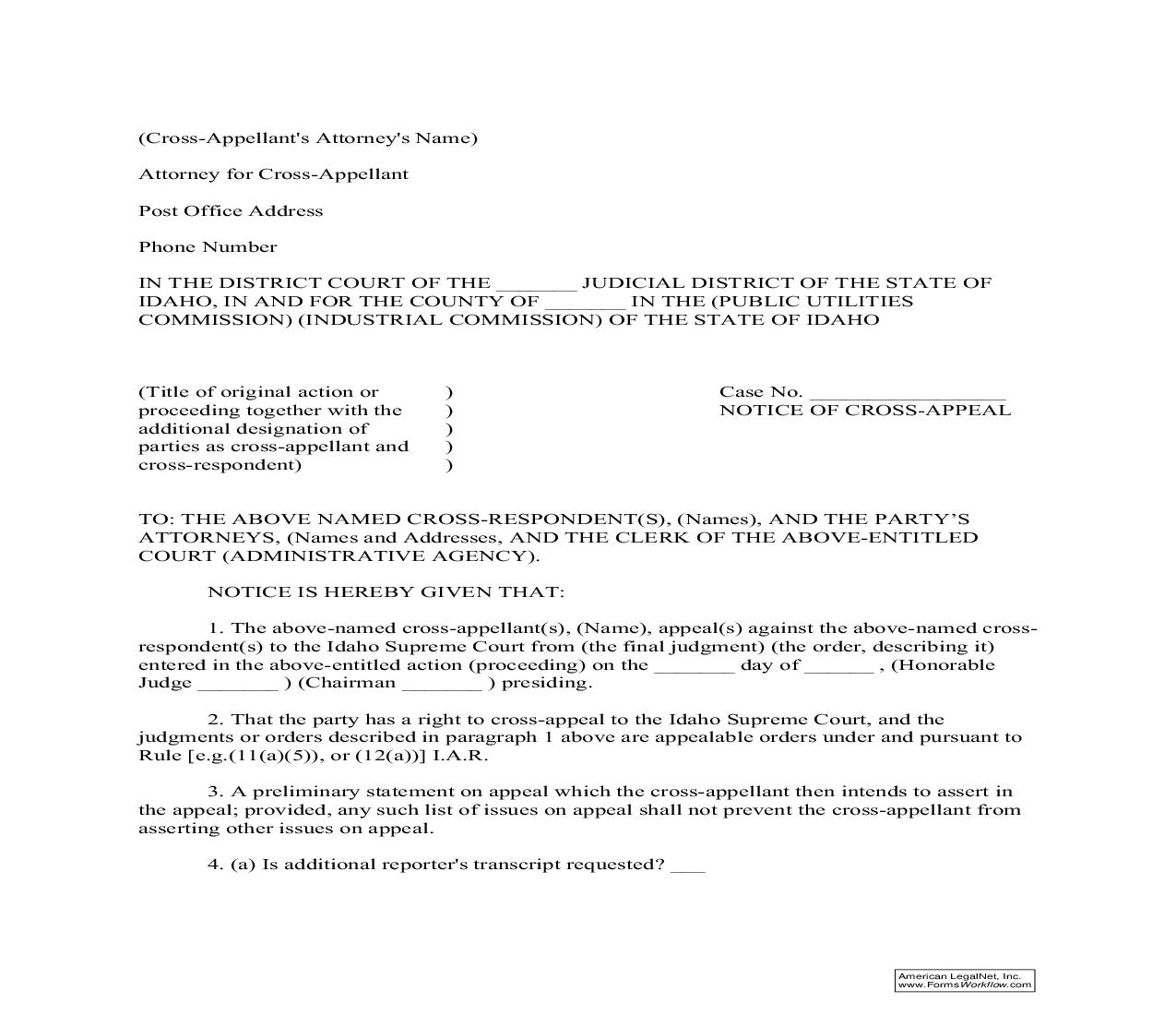 Notice Of Cross Appeal | Pdf Fpdf Doc Docx | Idaho
