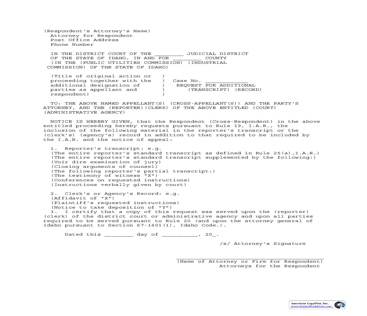 Request For Additional Transcript Or Clerks Record | Pdf Fpdf Doc Docx | Idaho