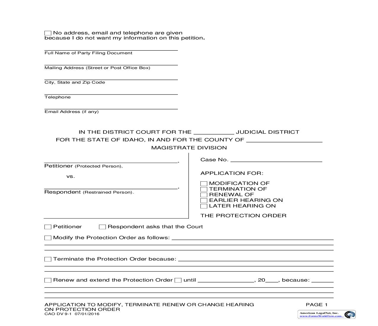 Application For Modification Termination Or Renewal Of Hearing On Protection Order {CAO DV 9-1} | Pdf Fpdf Doc Docx | Idaho