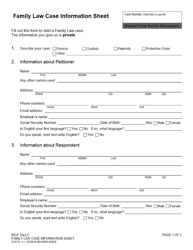 Family Law Case Information Sheet {CAO FL1-1} | Pdf Fpdf Doc Docx | Idaho