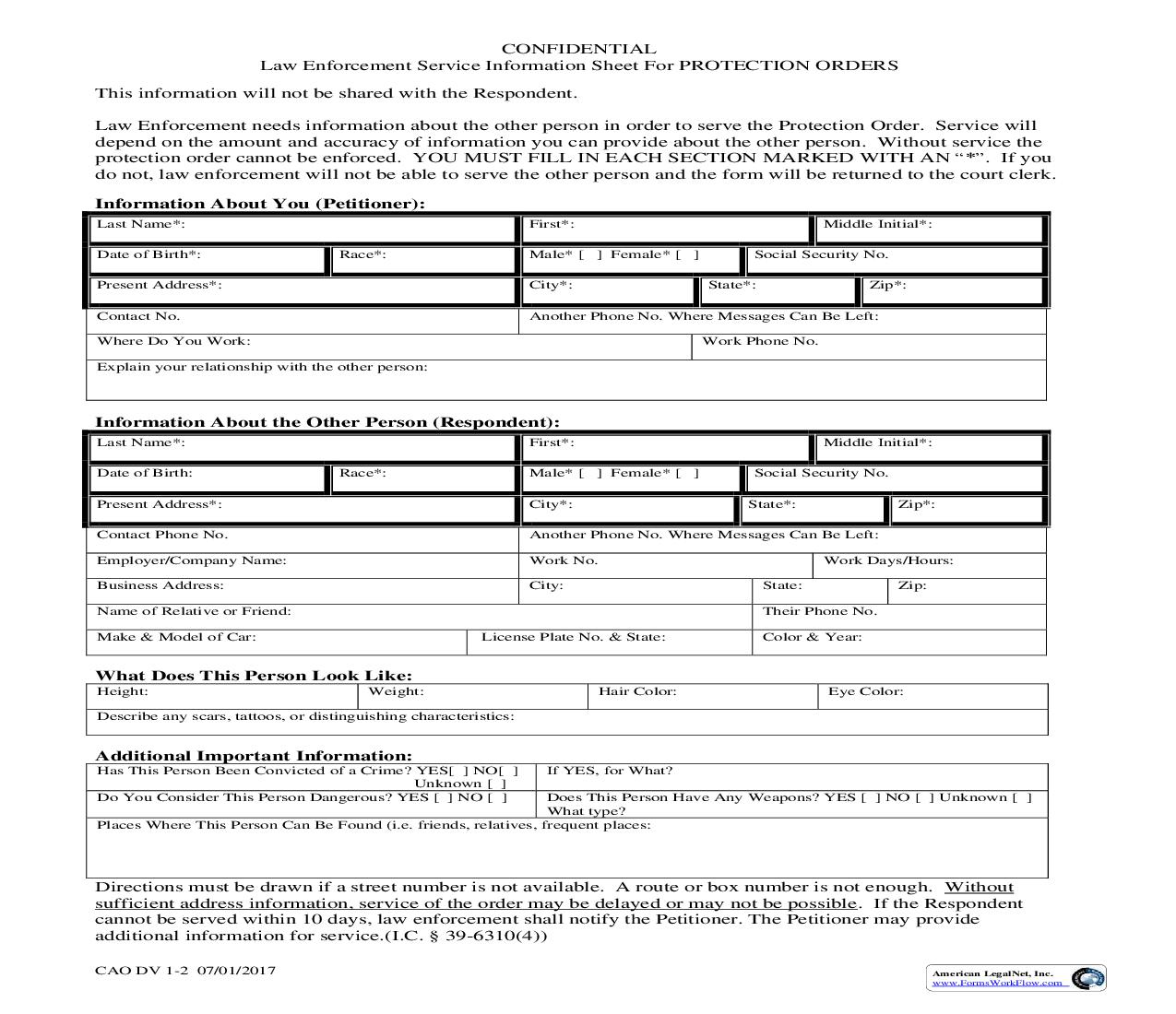 Law Enforcement Service Information Sheet For Protection Orders (Domestic Violence) {CAO DV 1-2} | Pdf Fpdf Doc Docx | Idaho