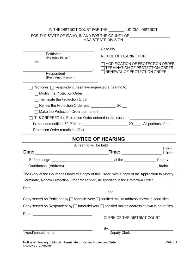 Notice Of Hearing For Modification Or Renewal Of Protection Order {CAO DV 9-2} | Pdf Fpdf Doc Docx | Idaho