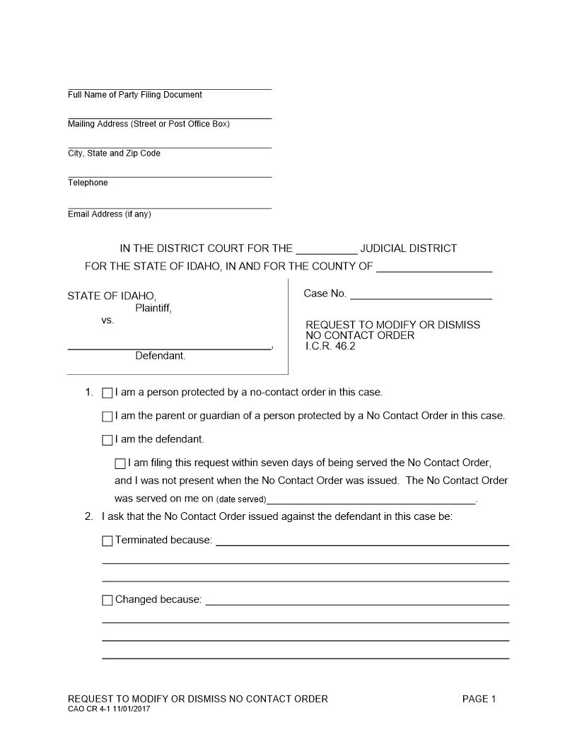 Request To Modify Dismiss No Contact Order | Pdf Fpdf Docx | Idaho