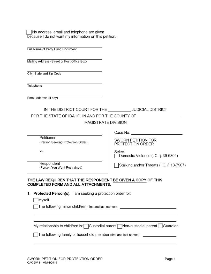 Sworn Petition For Protection Order {CAO DV 1-1} | Pdf Fpdf Doc Docx | Idaho