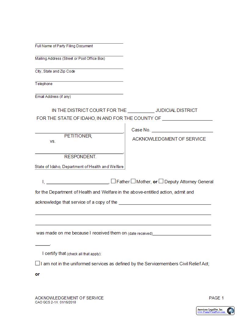 Acknowledgment Of Service {CAO GCS 2-1X} | Pdf Fpdf Docx | Idaho