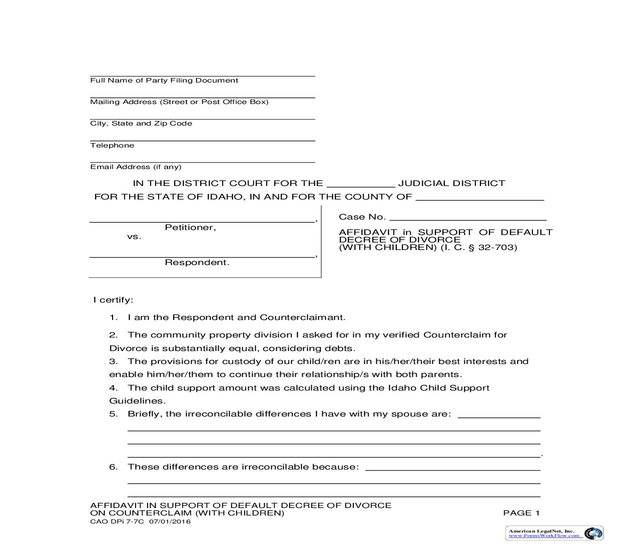 Affidavit In Support Of Default Decree Of Divorce (With Children) {CAO DPi 7-7C} | Pdf Fpdf Doc Docx | Idaho
