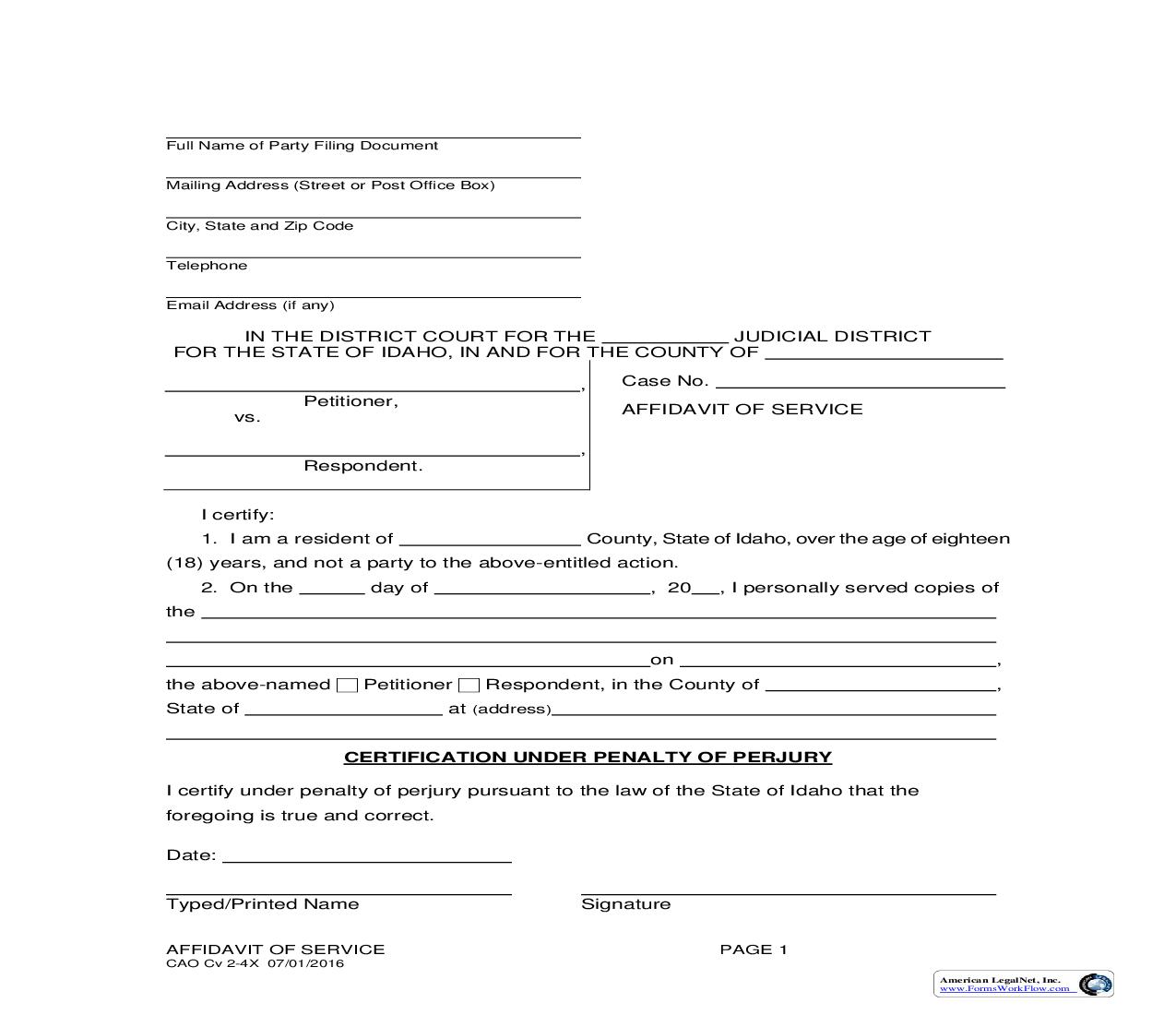 Affidavit Of Service {CAO Cv 2-4X} | Pdf Fpdf Doc Docx | Idaho