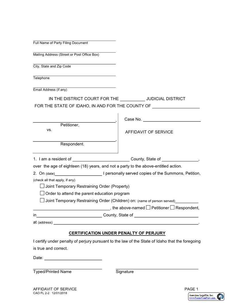 Affidavit Of Service {CAO FL 2-2} | Pdf Fpdf Docx | Idaho