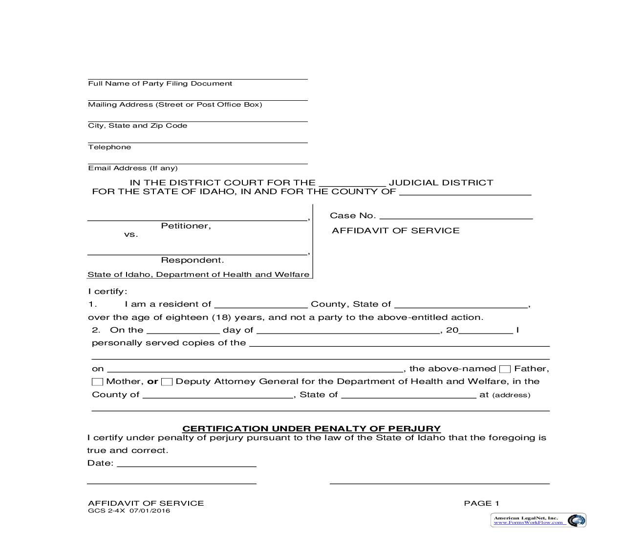 Affidavit Of Service {GCS 2-4X} | Pdf Fpdf Doc Docx | Idaho