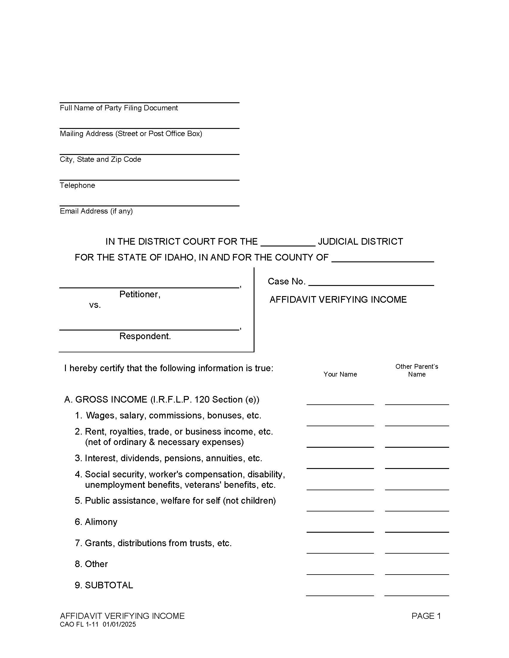 Affidavit Verifying Income {CAO FL 1-11} | Pdf Fpdf Doc Docx | Idaho