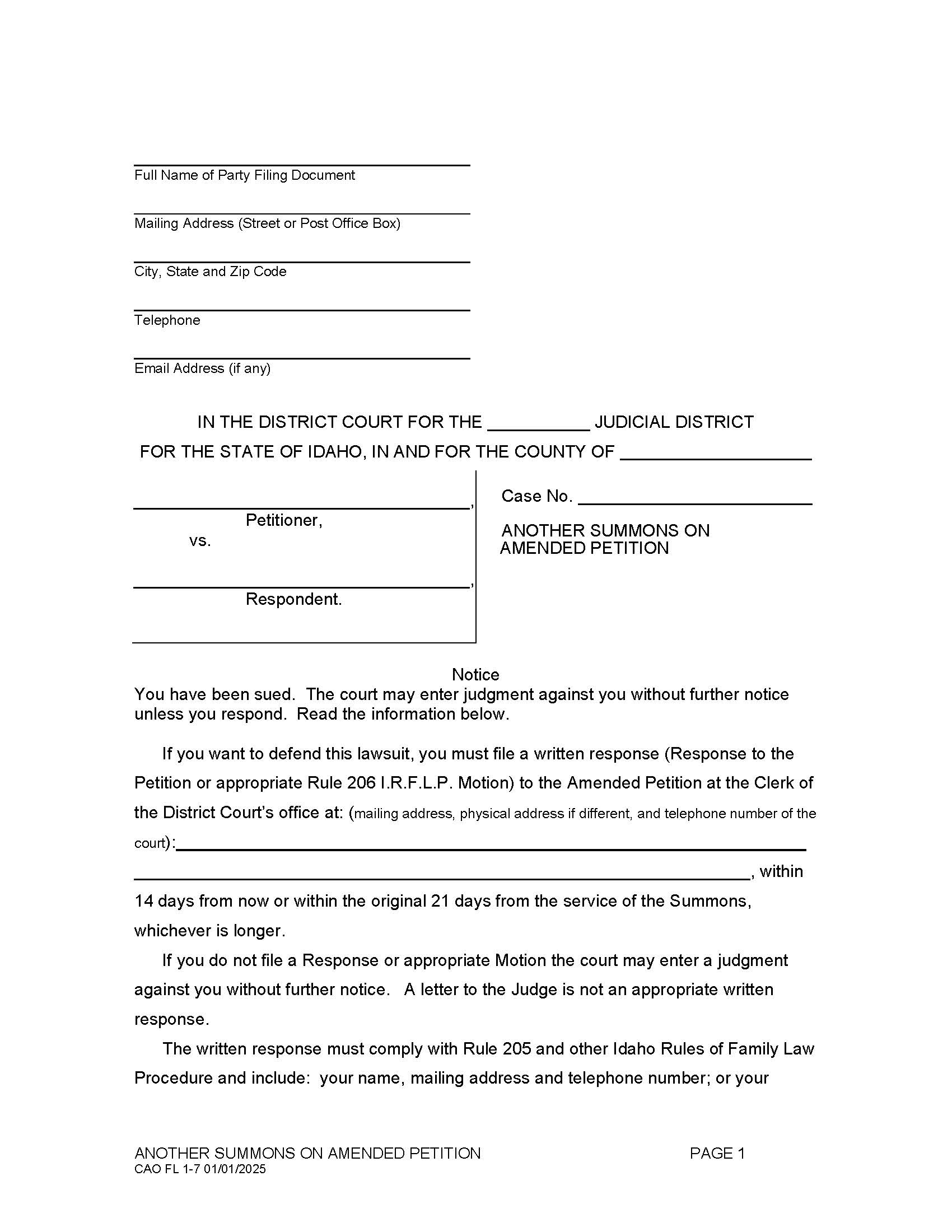 Another Summons On Amended Petition {CAO FL 1-7} | Pdf Fpdf Docx | Idaho