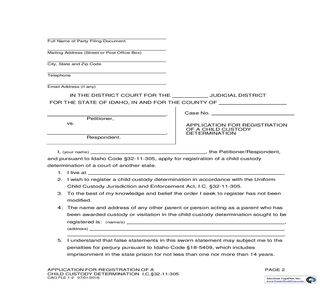 Application Fo Registration Of A Child Custody Determination {CAO FLE 1-2} | Pdf Fpdf Doc Docx | Idaho