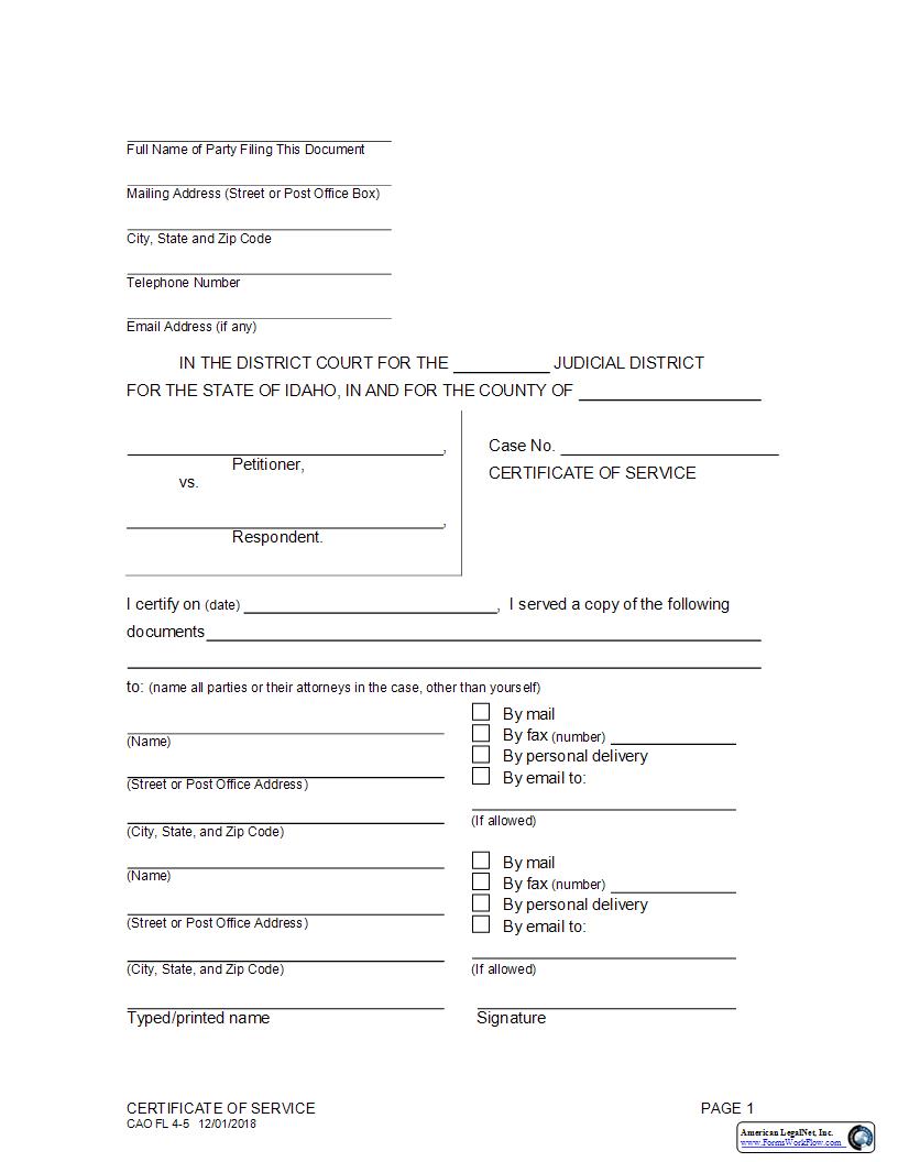 Certificate Of Service {CAO FL 4-5} | Pdf Fpdf Docx | Idaho