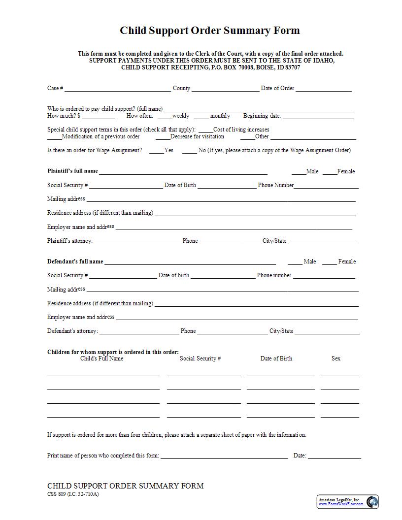 Child Support Order Summary Form {CSS 809} | Pdf Fpdf Docx | Idaho