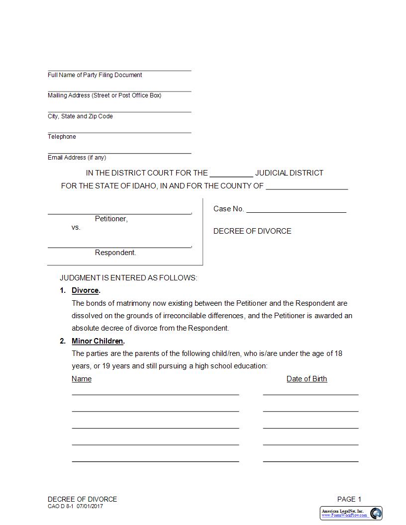 Decree Of Divorce (With Minor Children) {CAO D 8-1} | Pdf Fpdf Docx | Idaho