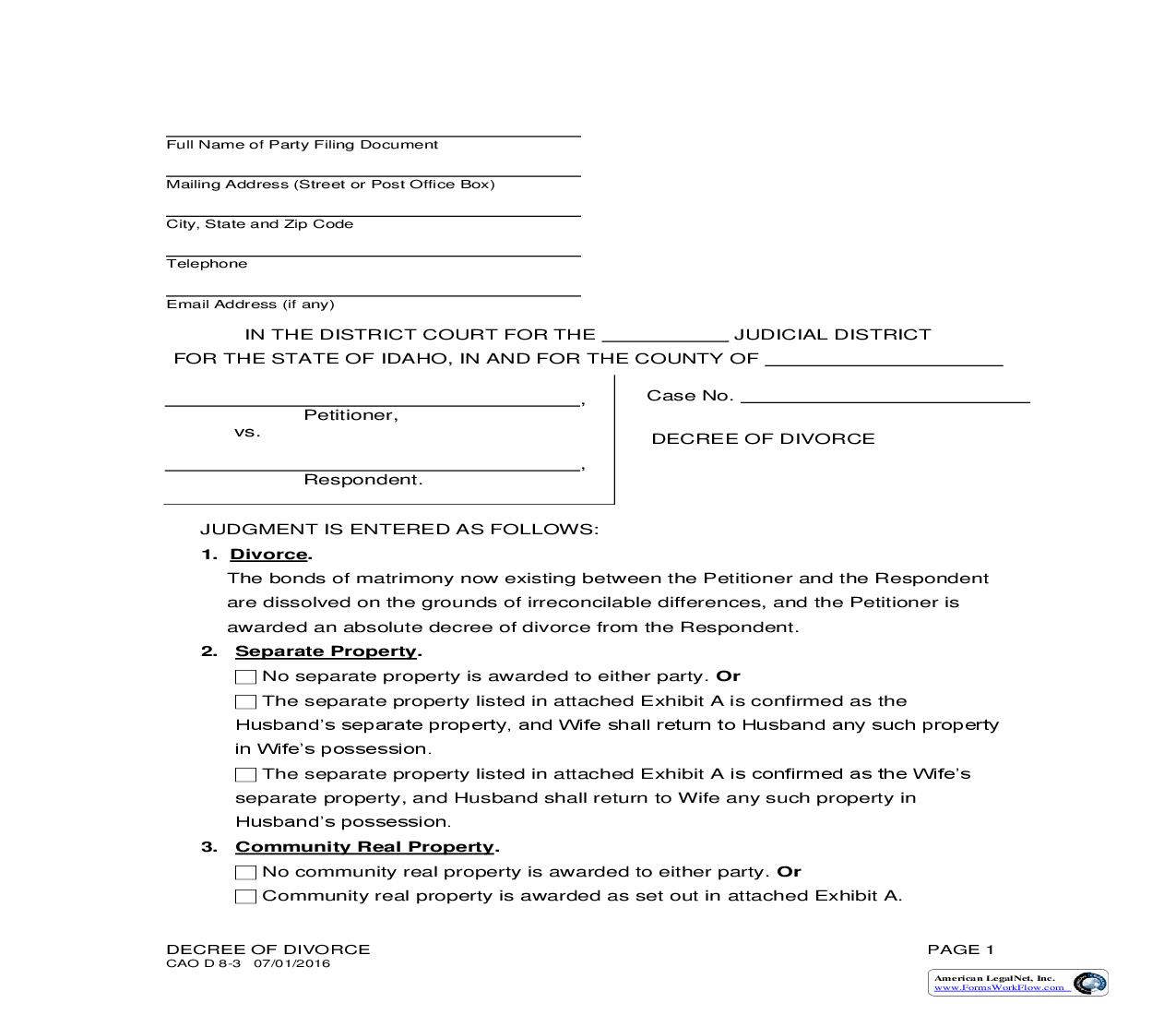 Decree Of Divorce (Without Minor Children) {CAO D 8-3} | Pdf Fpdf Doc Docx | Idaho