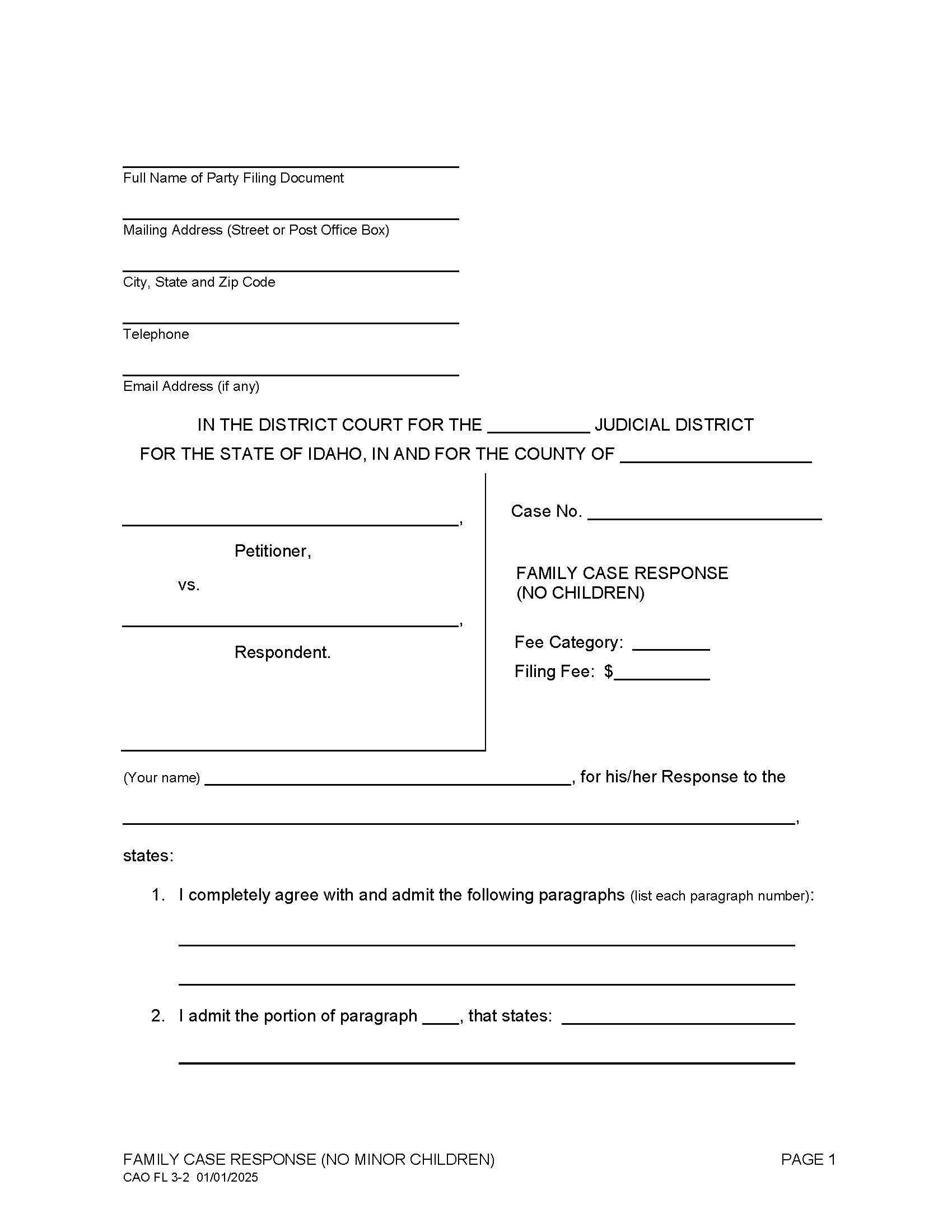 Family Case Response (No Children) {CAO FL 3-2} | Pdf Fpdf Doc Docx | Idaho