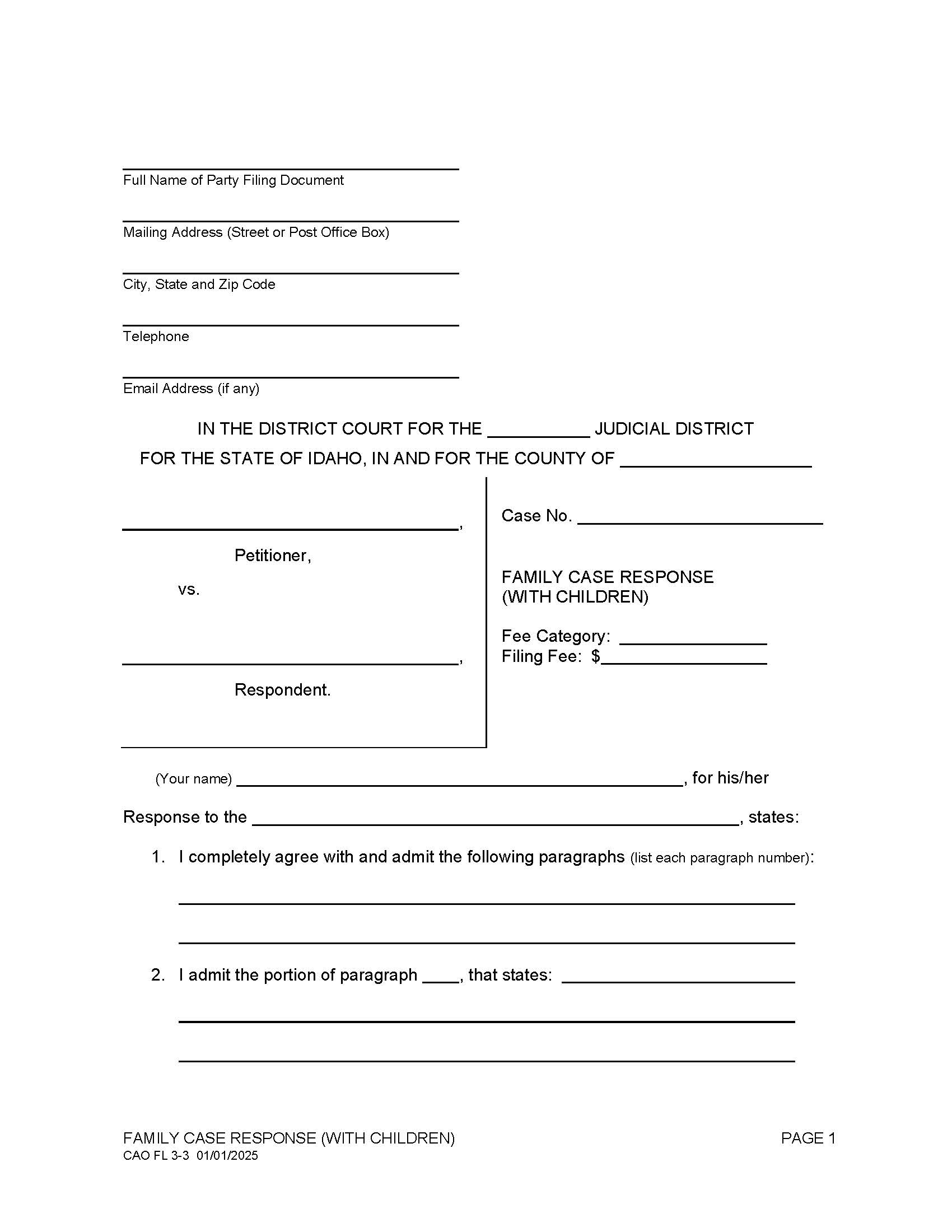 Family Case Response (With Children) {CAO FL 3-3} | Pdf Fpdf Docx | Idaho