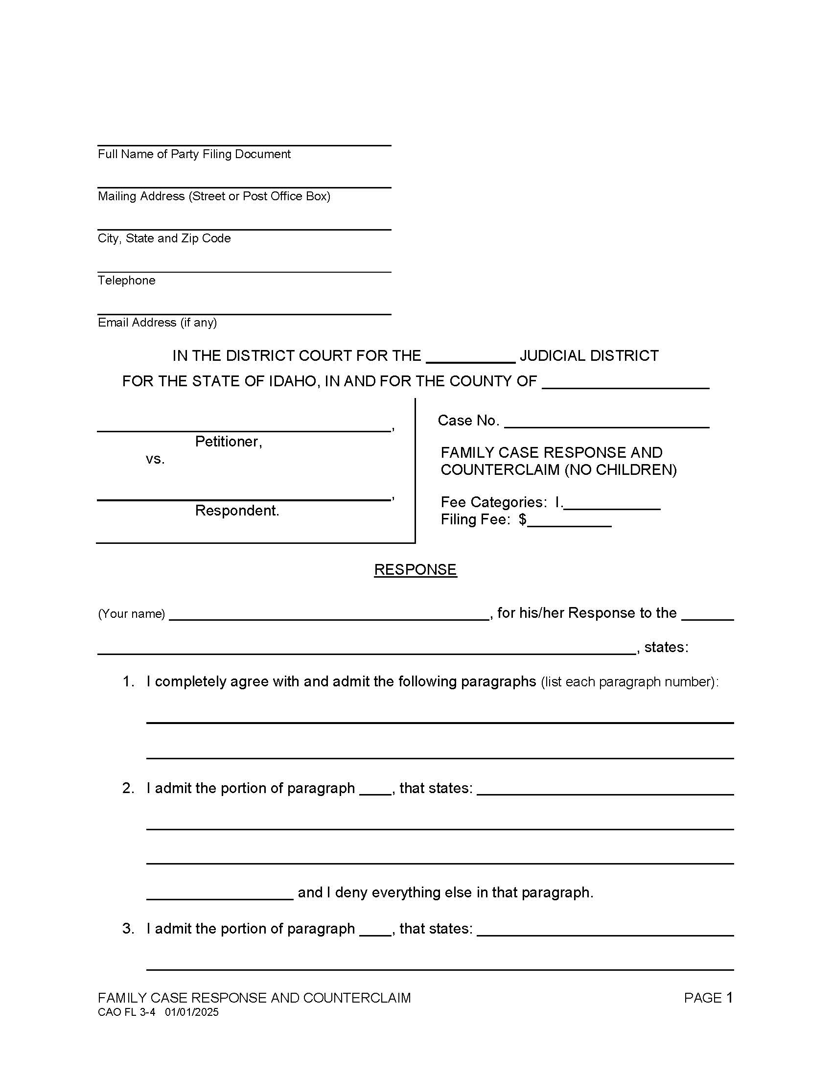 Family Case Response And Counterclaim (No Children) {CAO FL 3-4} | Pdf Fpdf Docx | Idaho