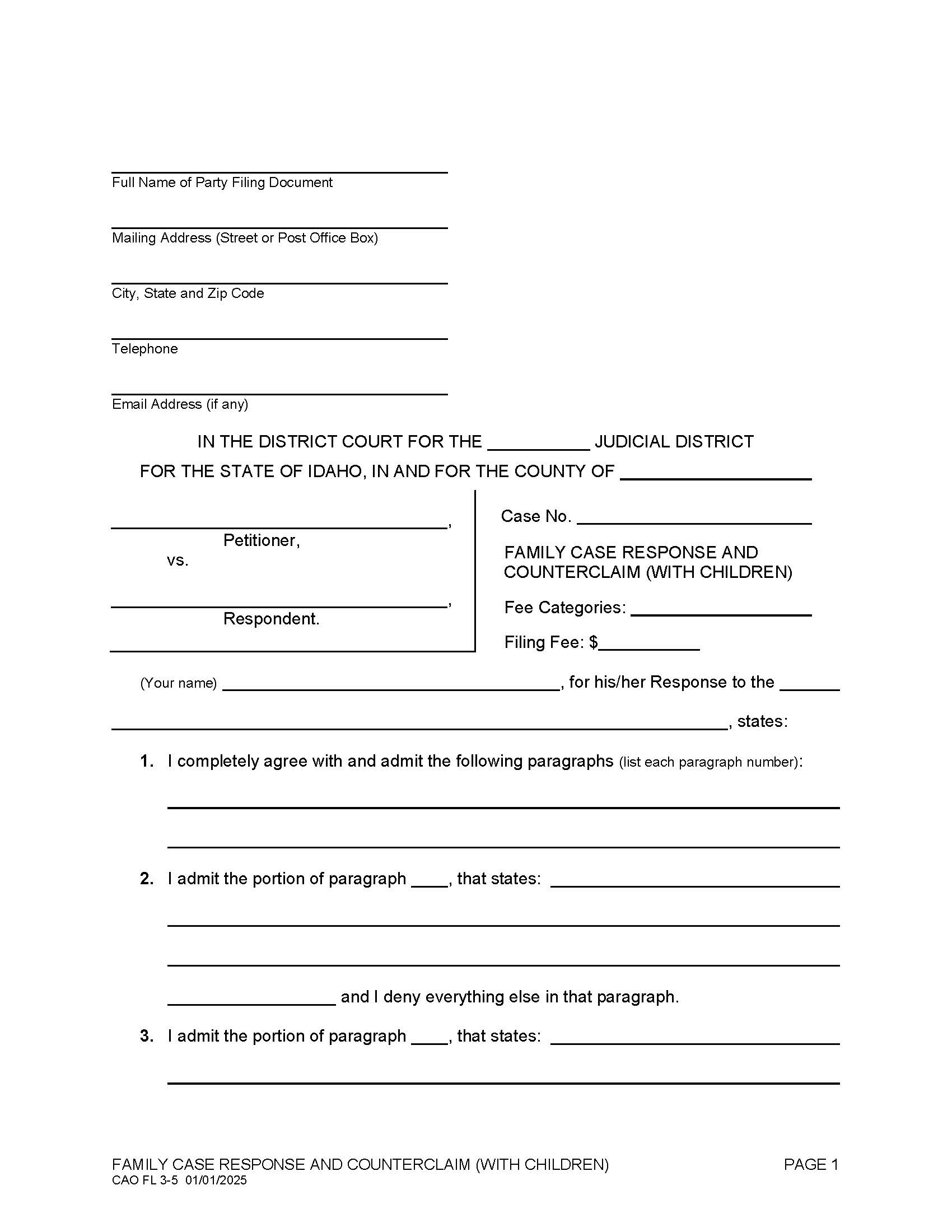 Family Case Response And Counterclaim (With Children) {CAO FL 3-5} | Pdf Fpdf Docx | Idaho